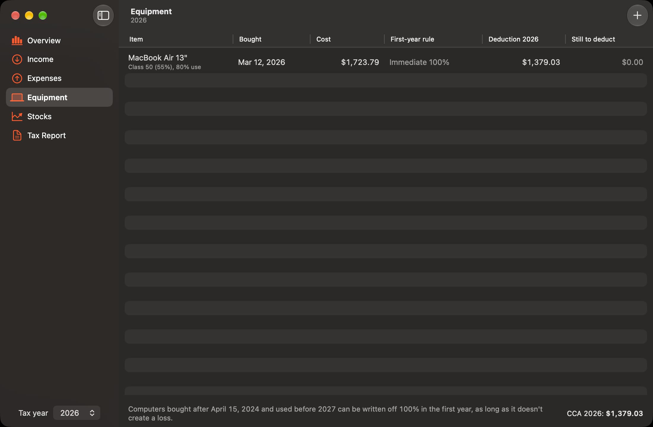 FraTax Equipment screen: a MacBook Air deducted 100% in the first year through capital cost allowance