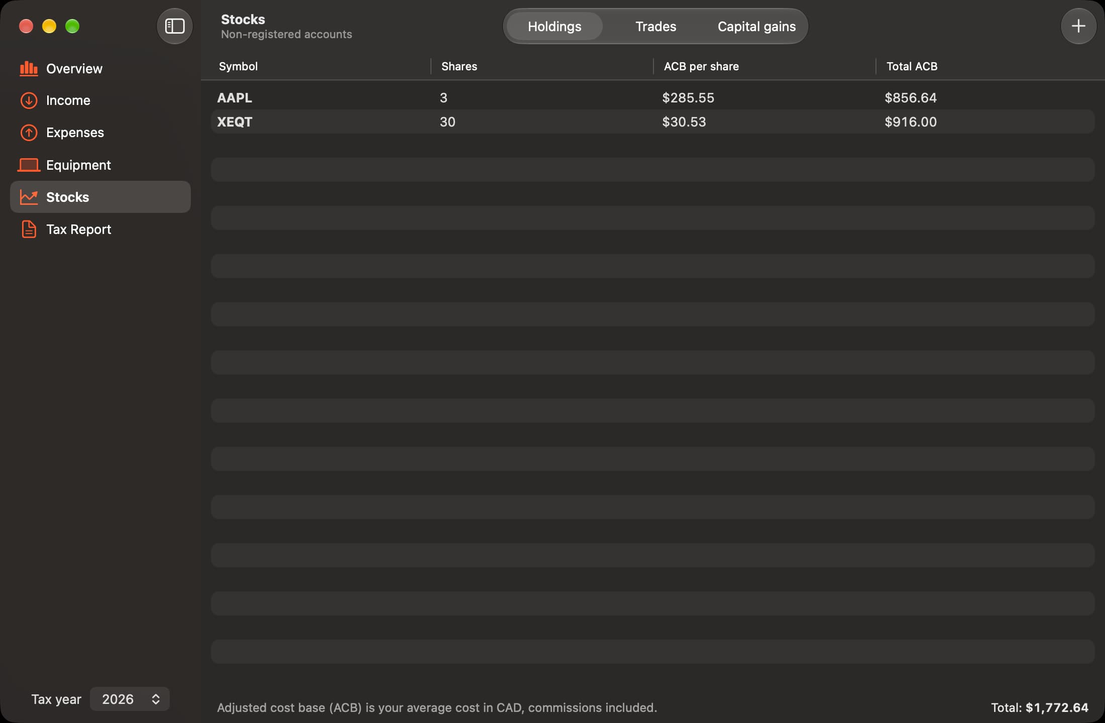 FraTax Stocks screen: holdings with shares, adjusted cost base per share and total